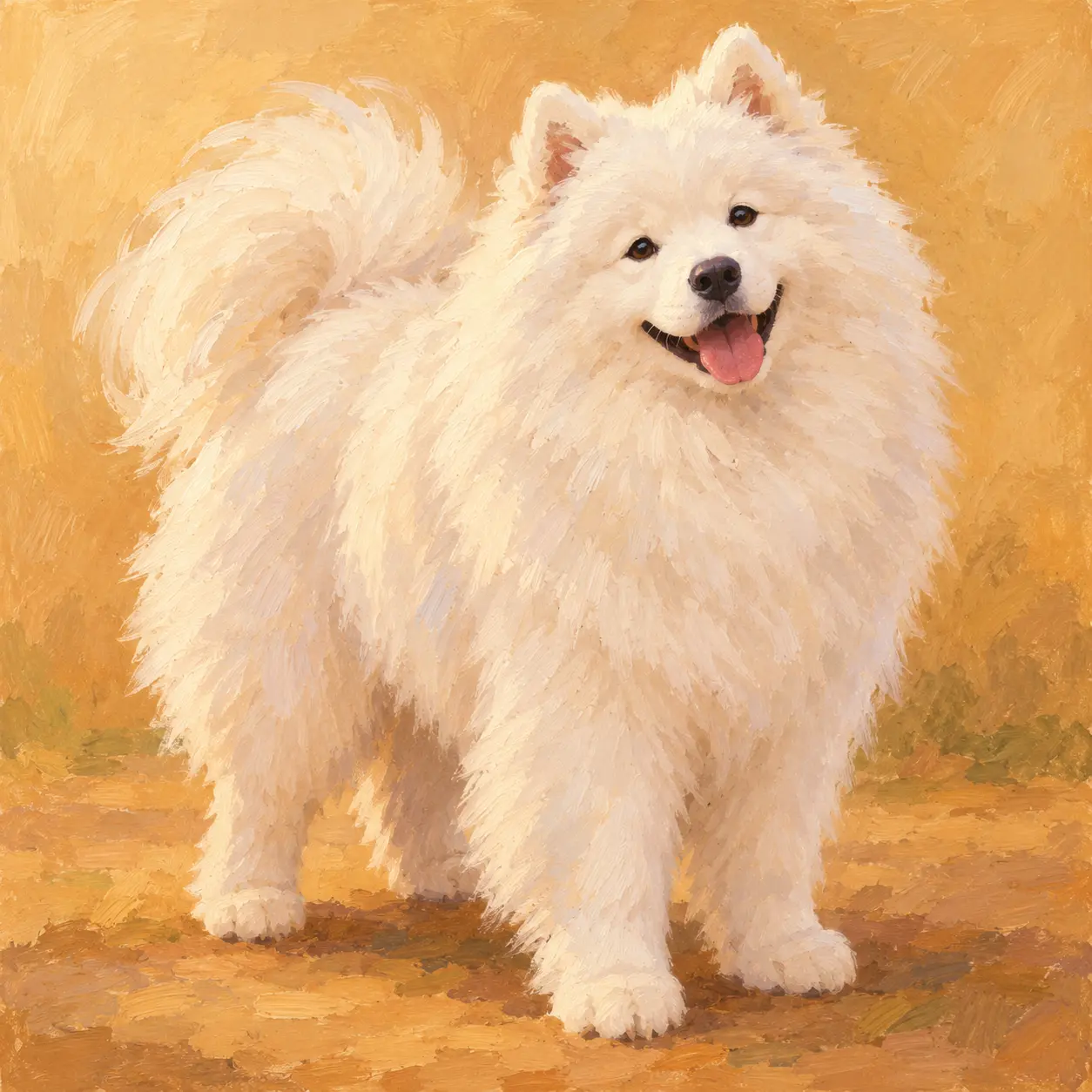 AI dog generator turning a samoyed into a painterly storybook dog art piece