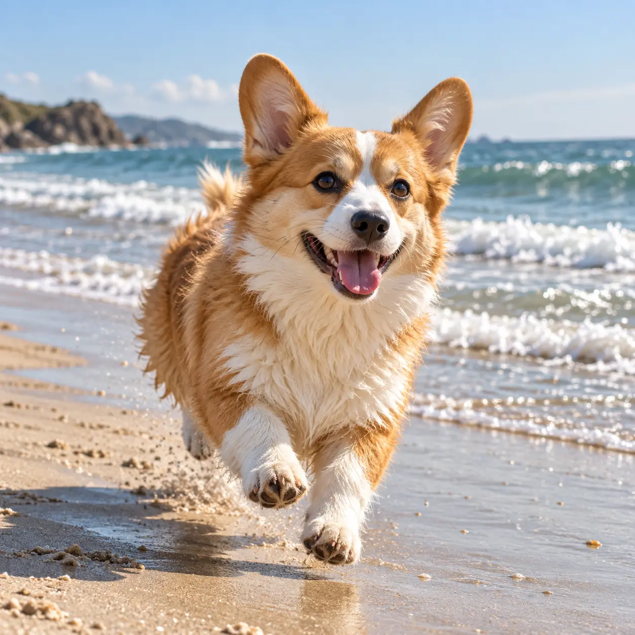 Corgi beach scene created with an AI dog generator from a short prompt