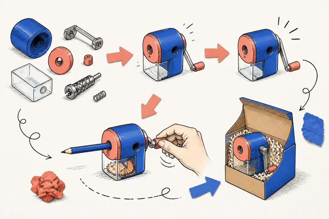 Doodle animation showing a product moving through a clear multi-step process