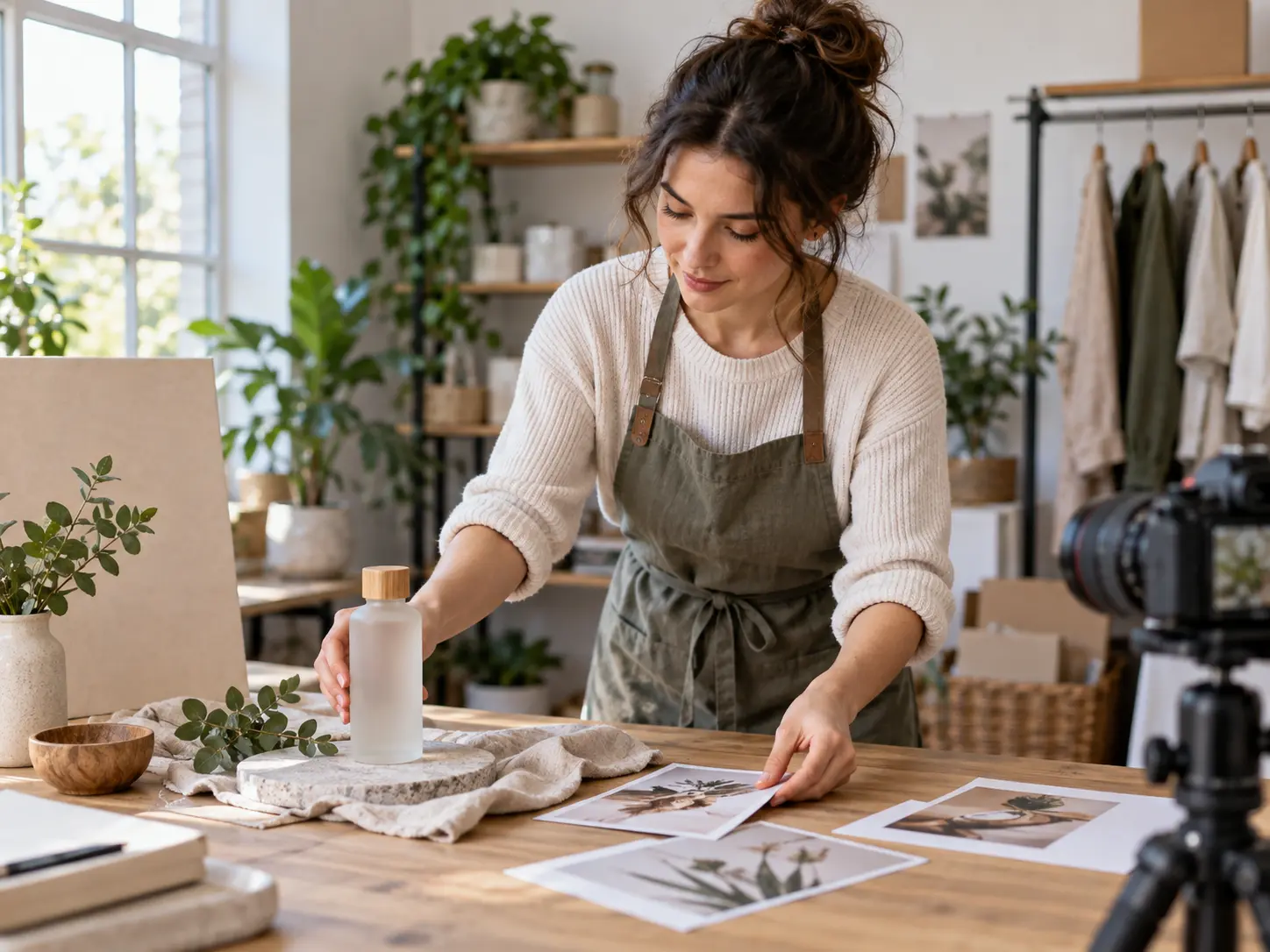 Store owner arranging product photos and selling points for a showcase video