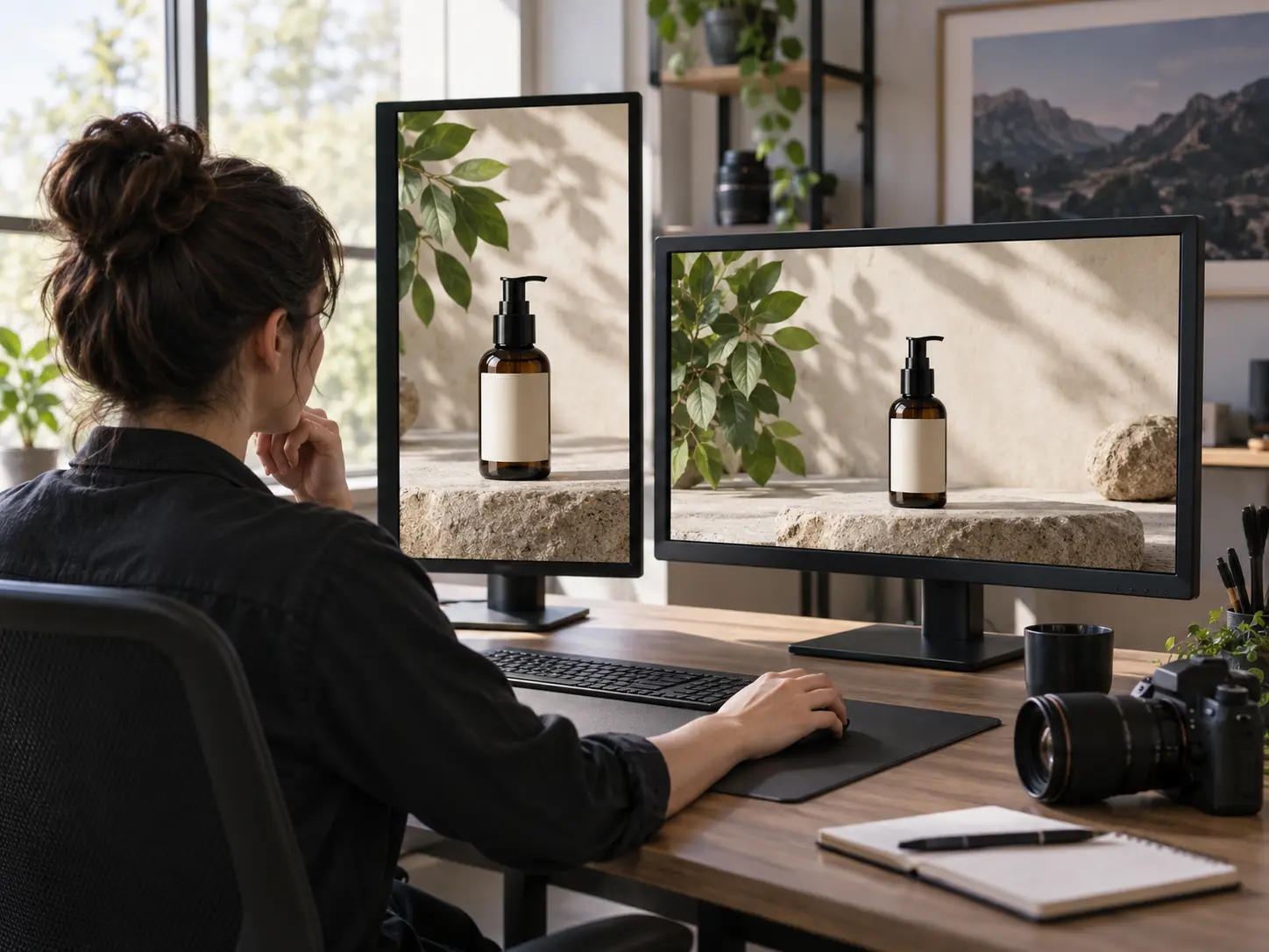 Content producer preparing vertical, square, and landscape product video versions