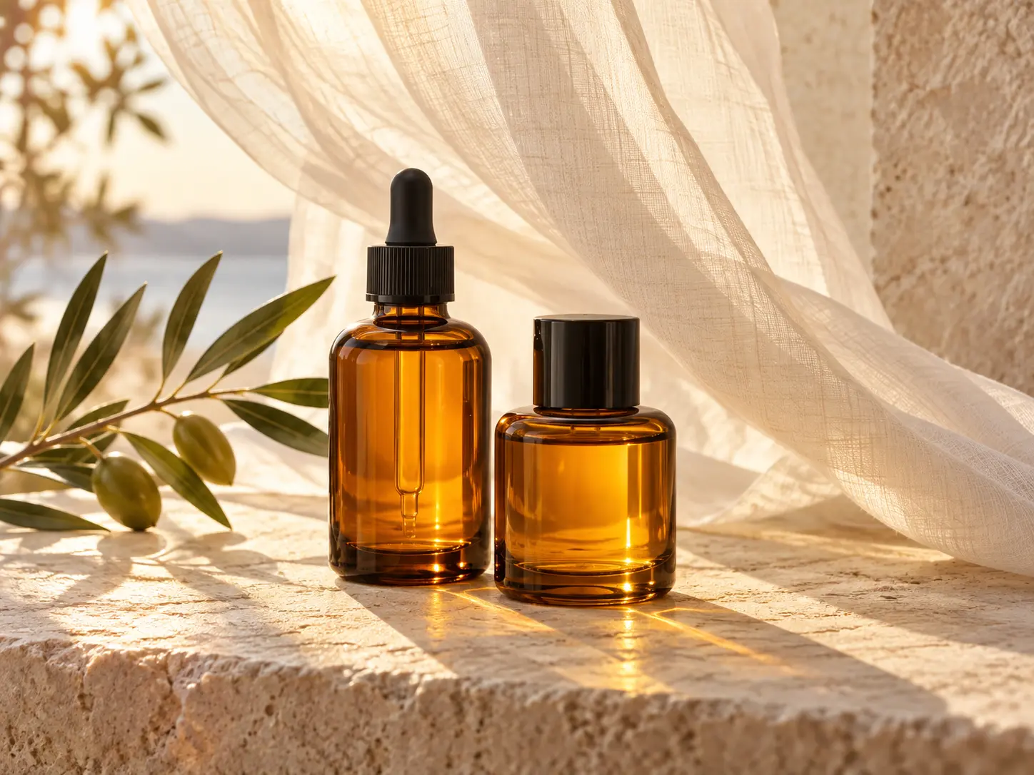 Amber skincare bottles and flowing linen establish a calm product campaign mood