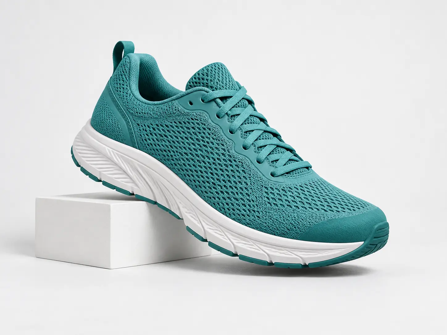 Detailed teal running shoe centered with crop space in a bright product video shot