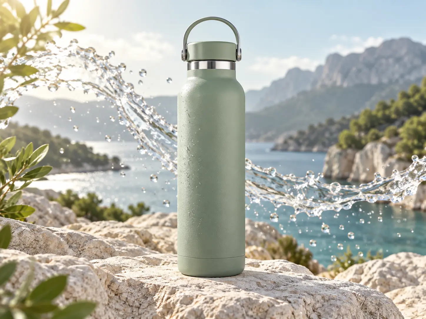 Sage bottle and a curling splash of water in a sunlit ecommerce product scene