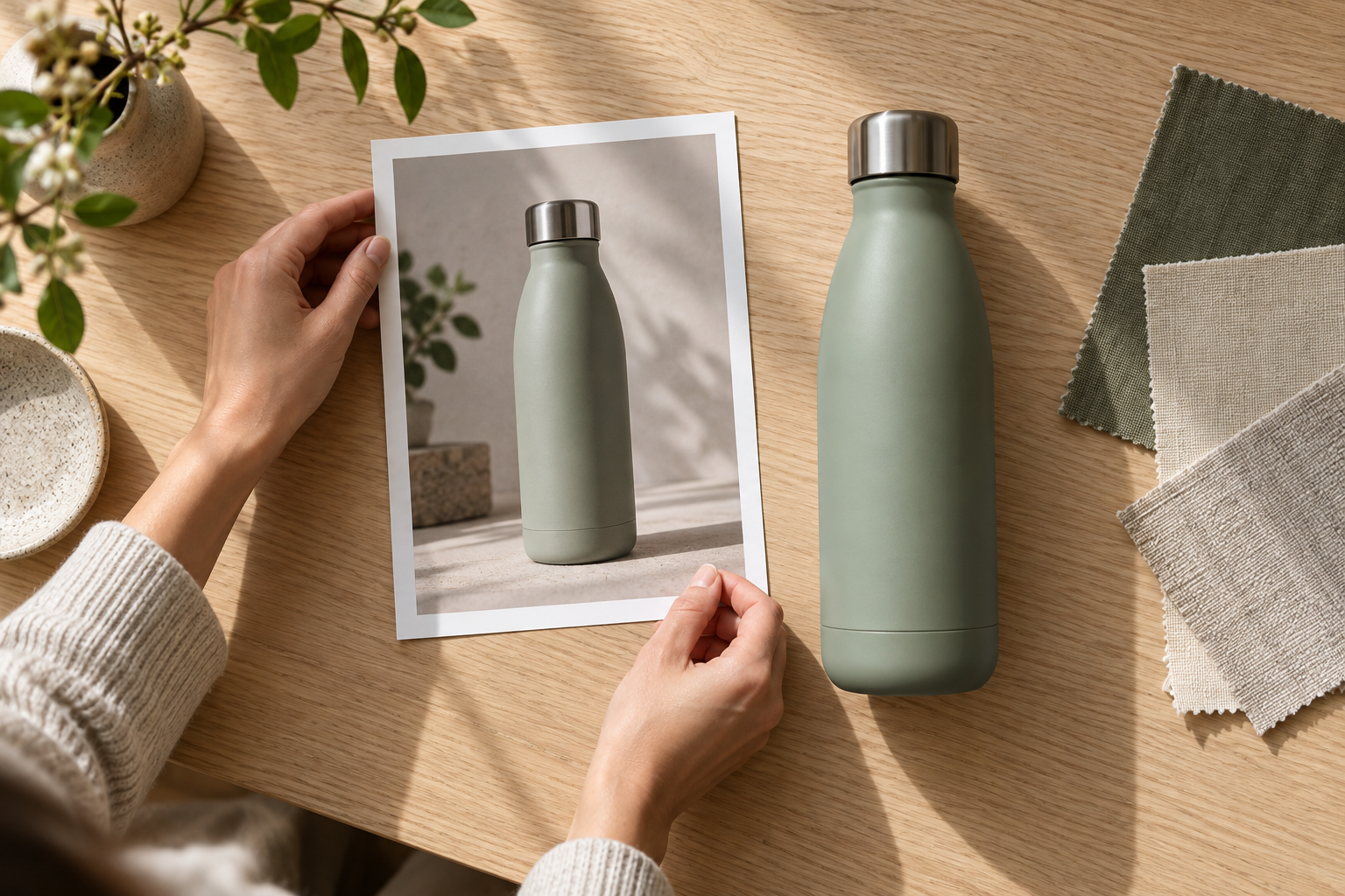 Seller arranging a bottle reference photograph and swatches on a product planning table