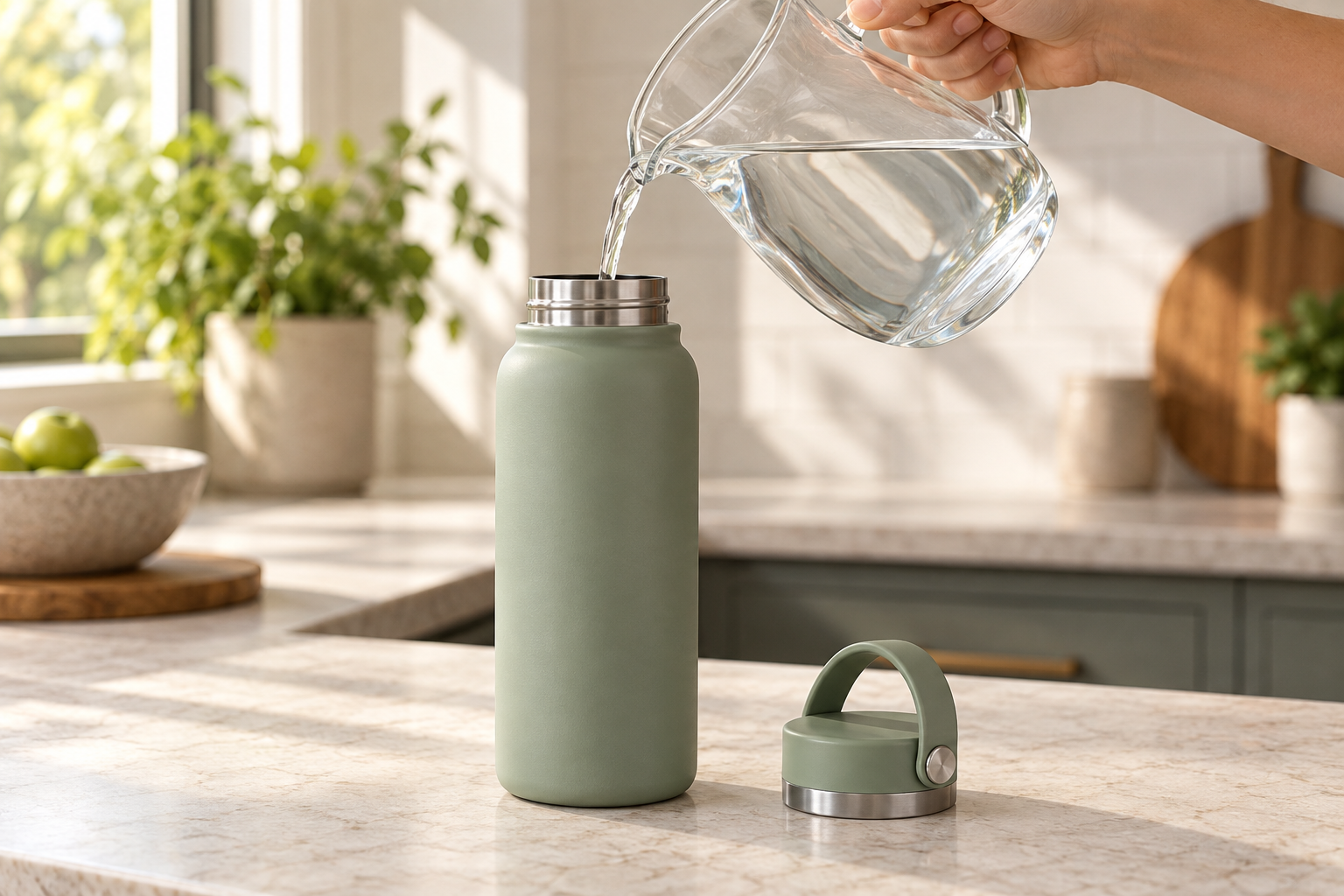 A carefully framed product demonstration shows water pouring into the sage bottle
