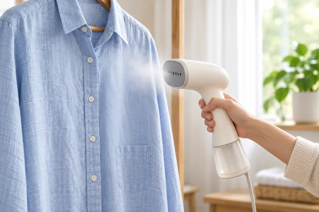 A handheld steamer demonstrates one product action beside a smooth linen shirt