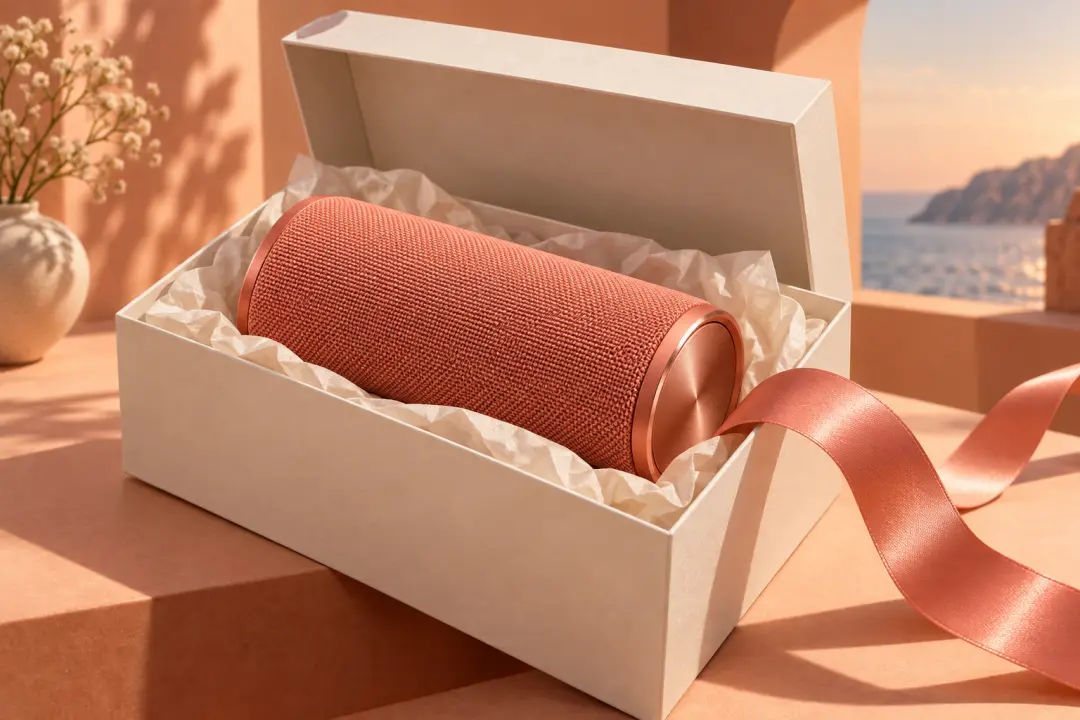 A coral speaker emerges from a plain gift box in a bright product launch scene
