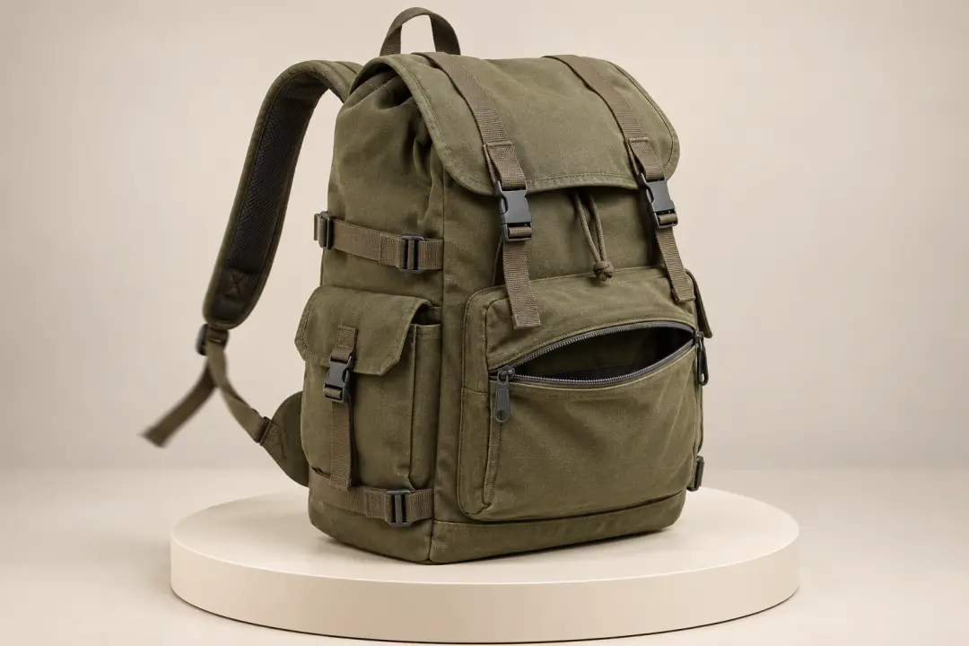 An olive backpack displays its compartments in a clear commerce listing video shot