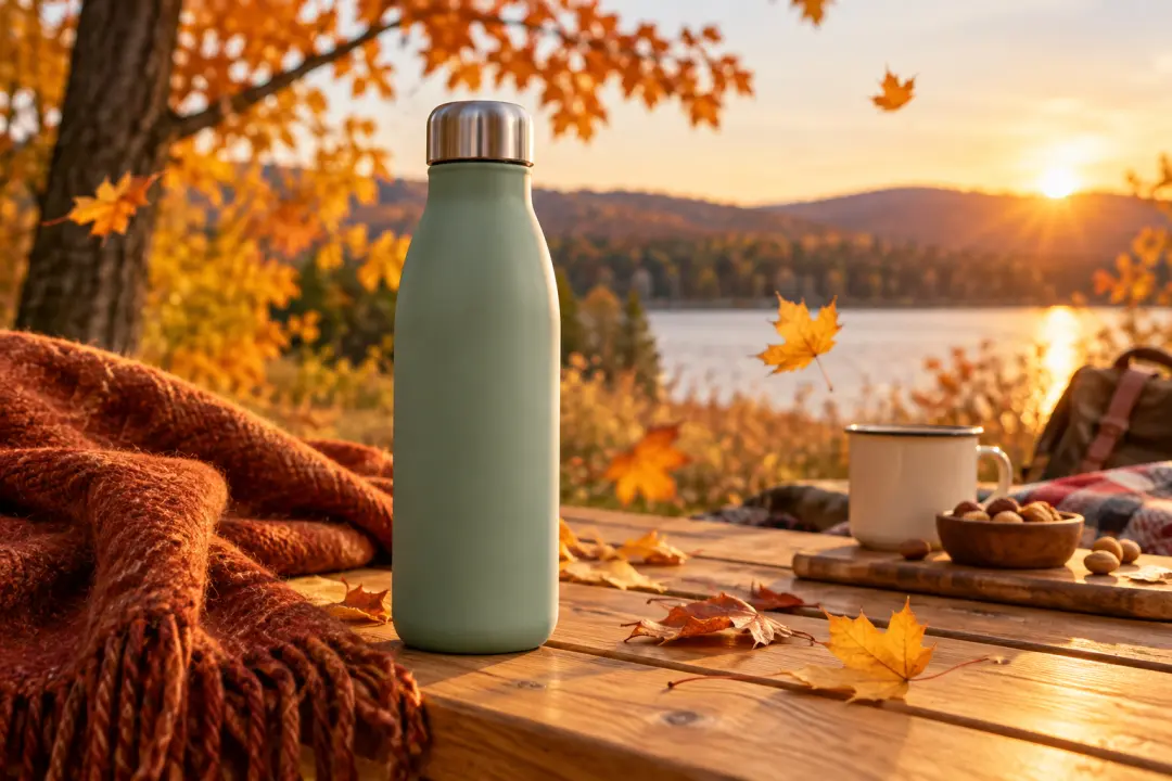 Sage bottle with orange leaves and wool scarf in an autumn product campaign scene