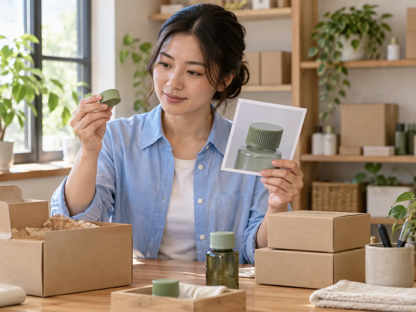 An ecommerce seller checks a product container and reference photograph at a sunlit packing bench