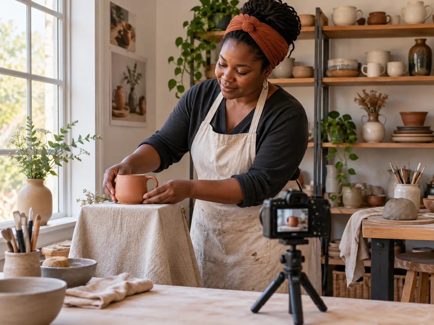 A small business owner arranges ceramic products for a video shoot in her bright shop