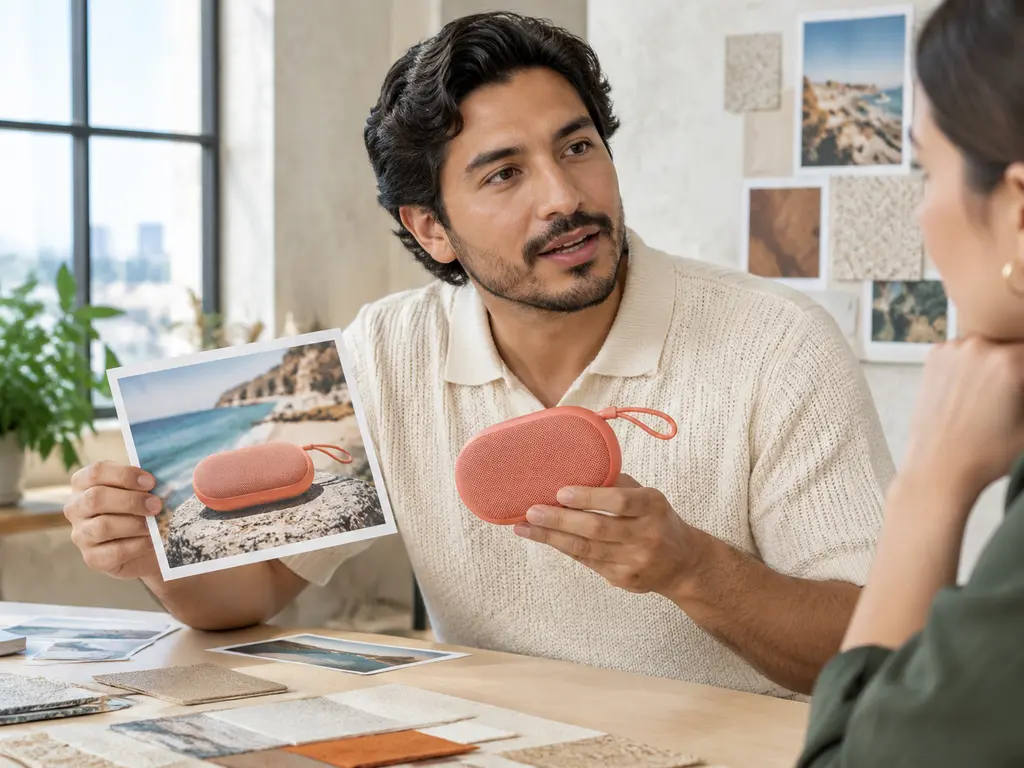 A product marketer compares a speaker sample and campaign photograph in an airy studio