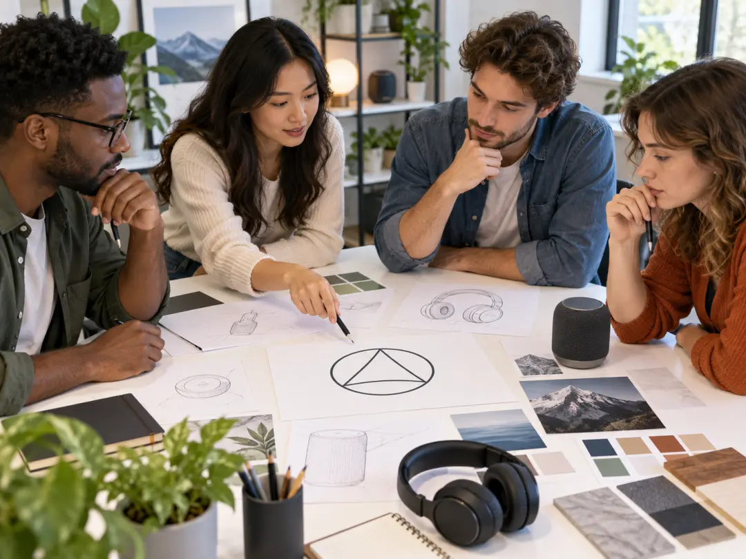 Training team organizing a logo, audio, and reference material