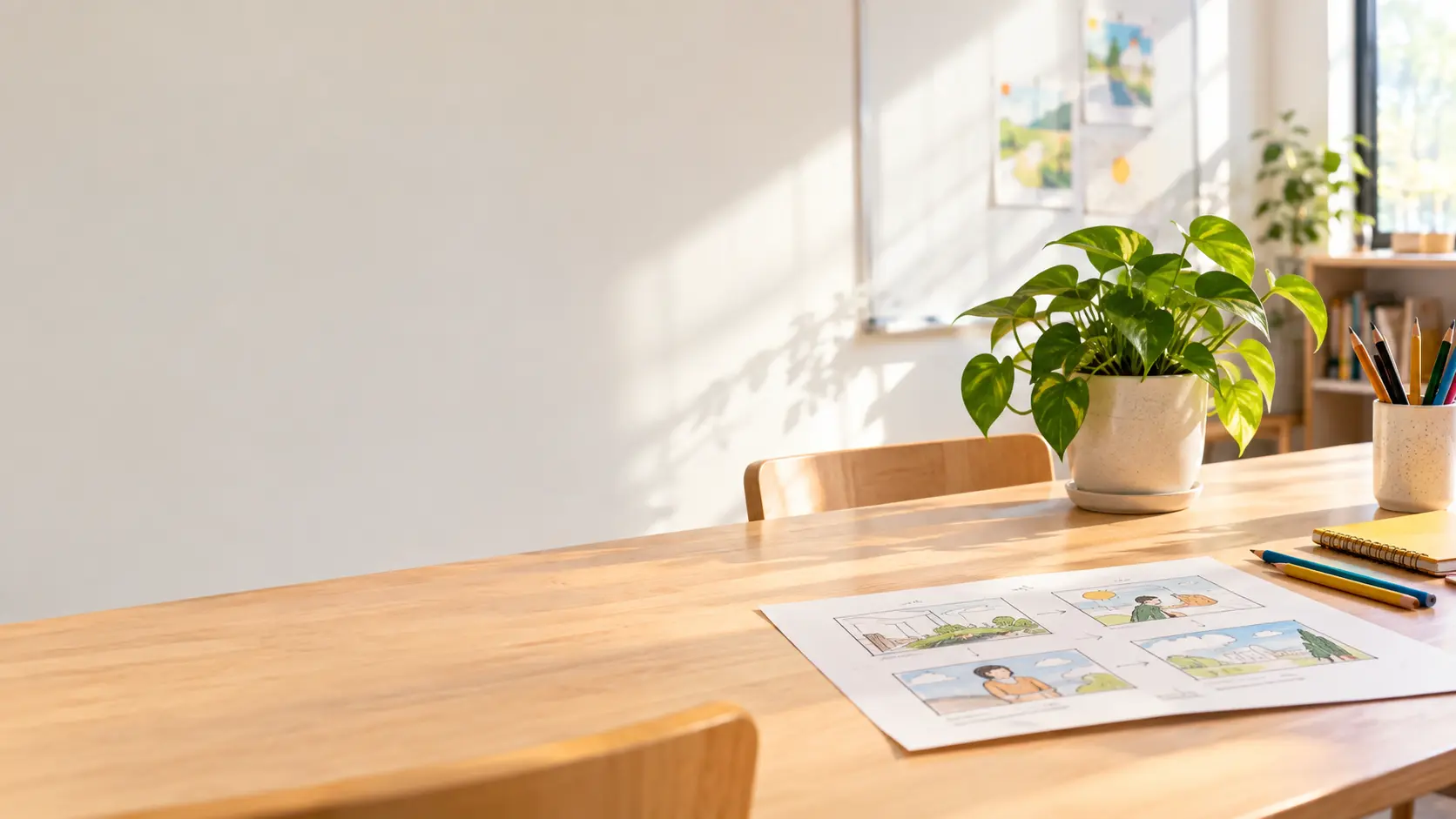 Warm classroom scene with a finished educational lesson ready to share
