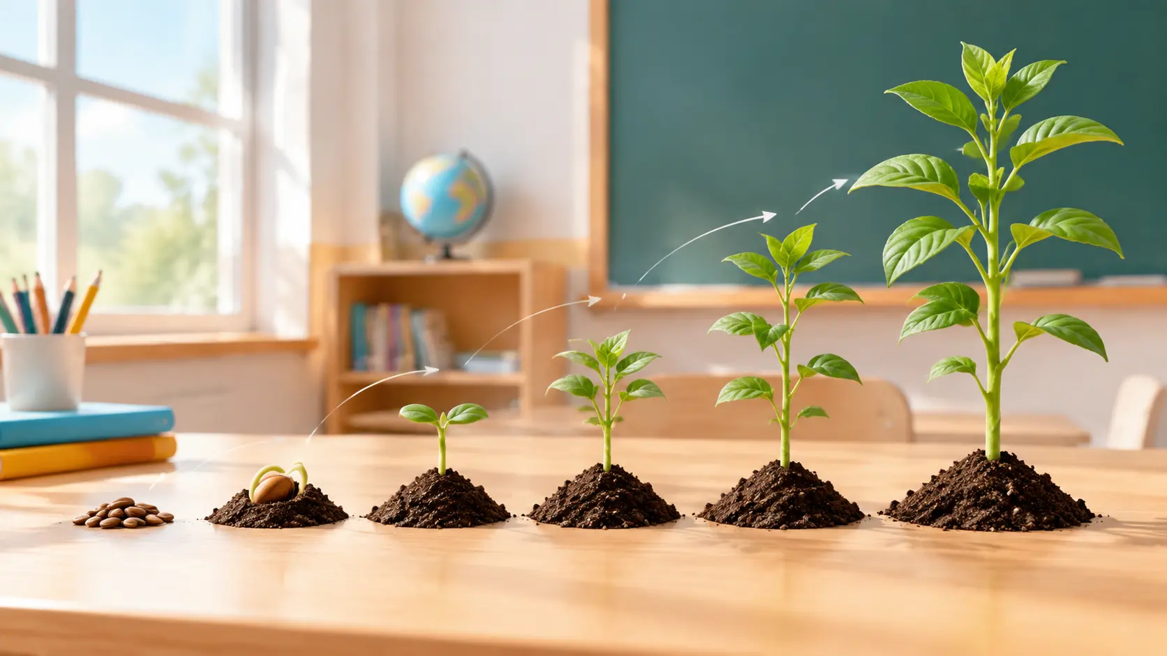 Bright lesson scene showing plant growth as a narrated educational video