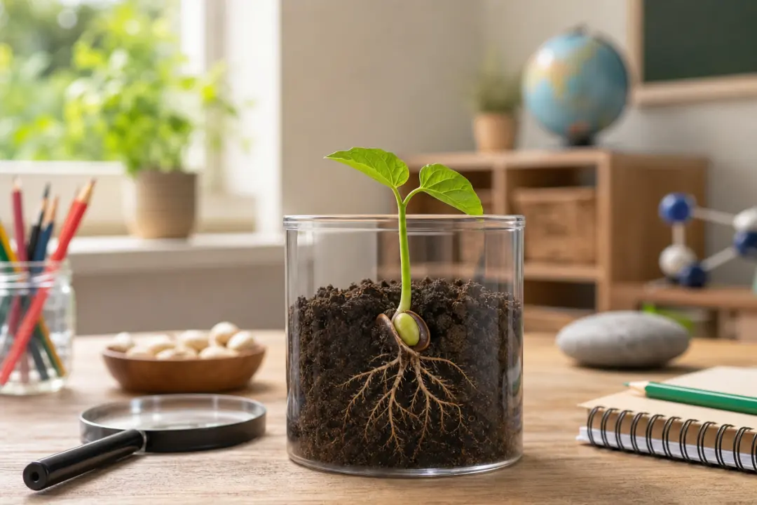 Plant growth lesson scene showing a clear stage change for an educational video