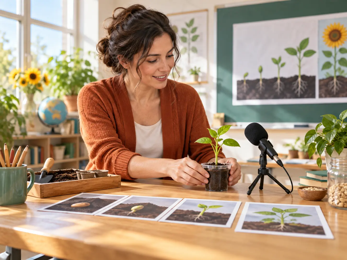 Teacher planning a plant growth lesson with reference images and narration