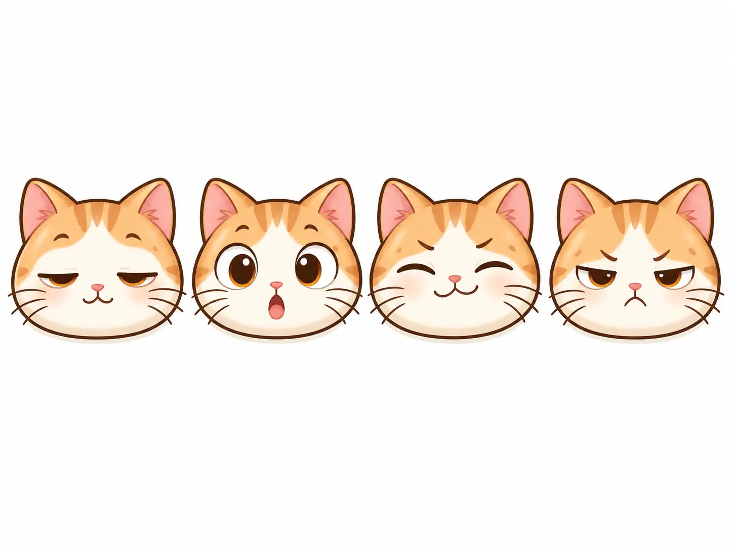 Four custom cat expressions from an emoji cat maker showing sleepy, surprised, smug and annoyed moods
