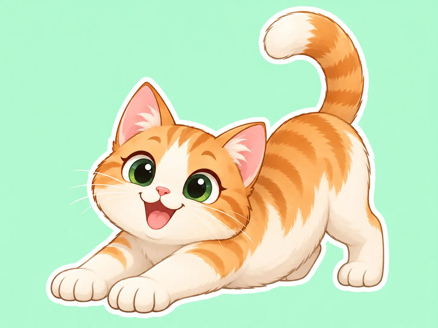 Full-body cat emoji maker sticker of a stretching cream-and-ginger cat on mint