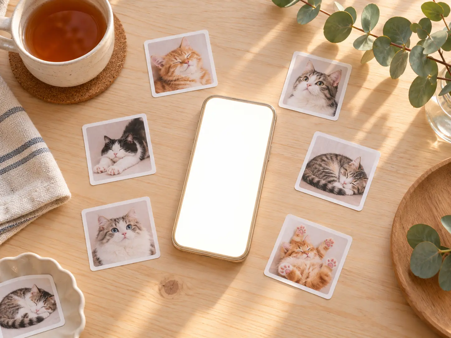 Printed cat emoji stickers arranged around a phone for chat use