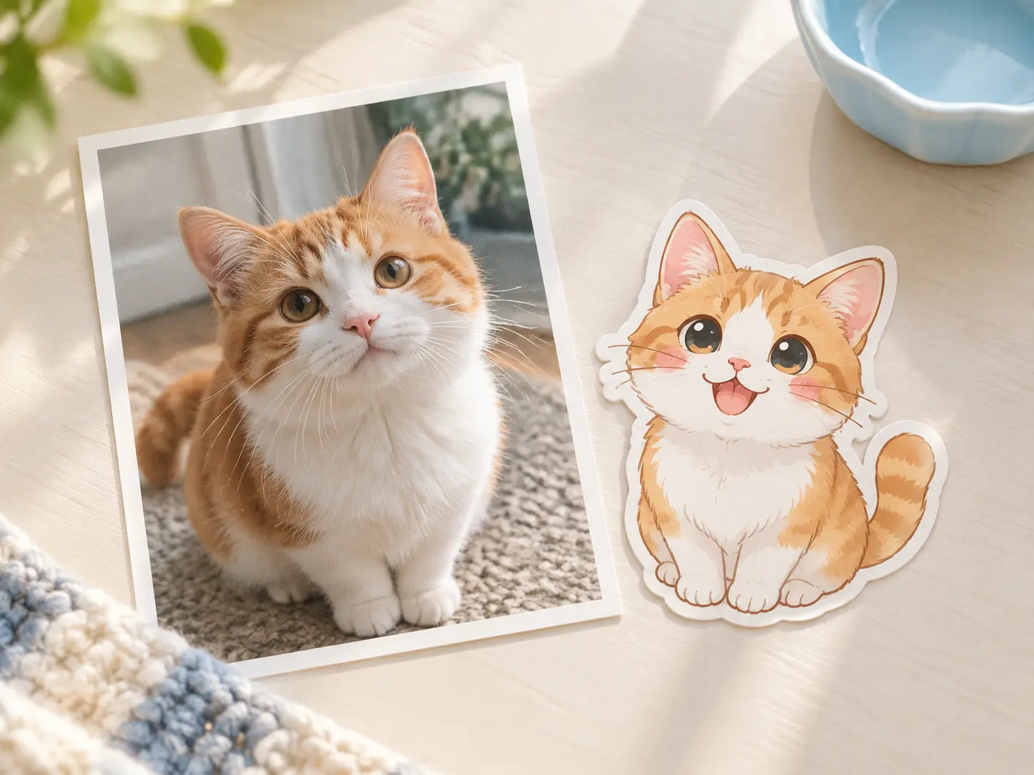 Real cat photo beside a matching emoji cat maker sticker with the same markings