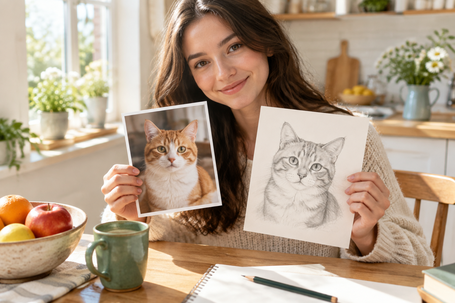 Cat photo and sketch laid out as a reference for the emoji cat maker