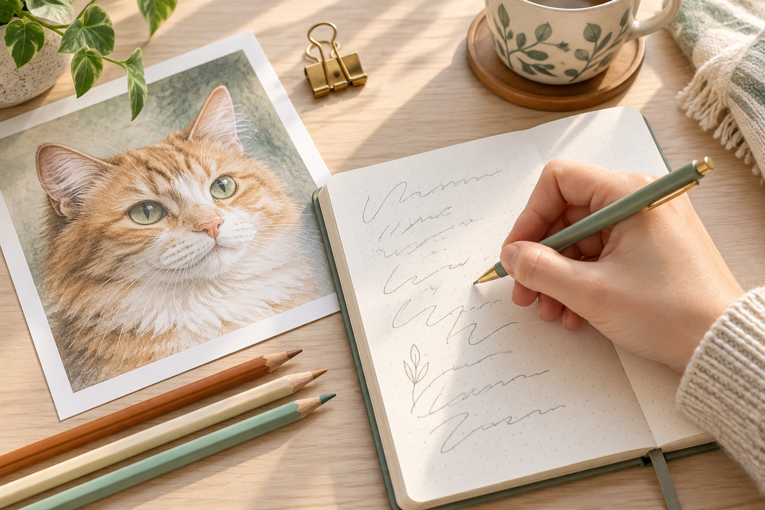 Notebook and coloured pencils used to describe a custom cat emoji