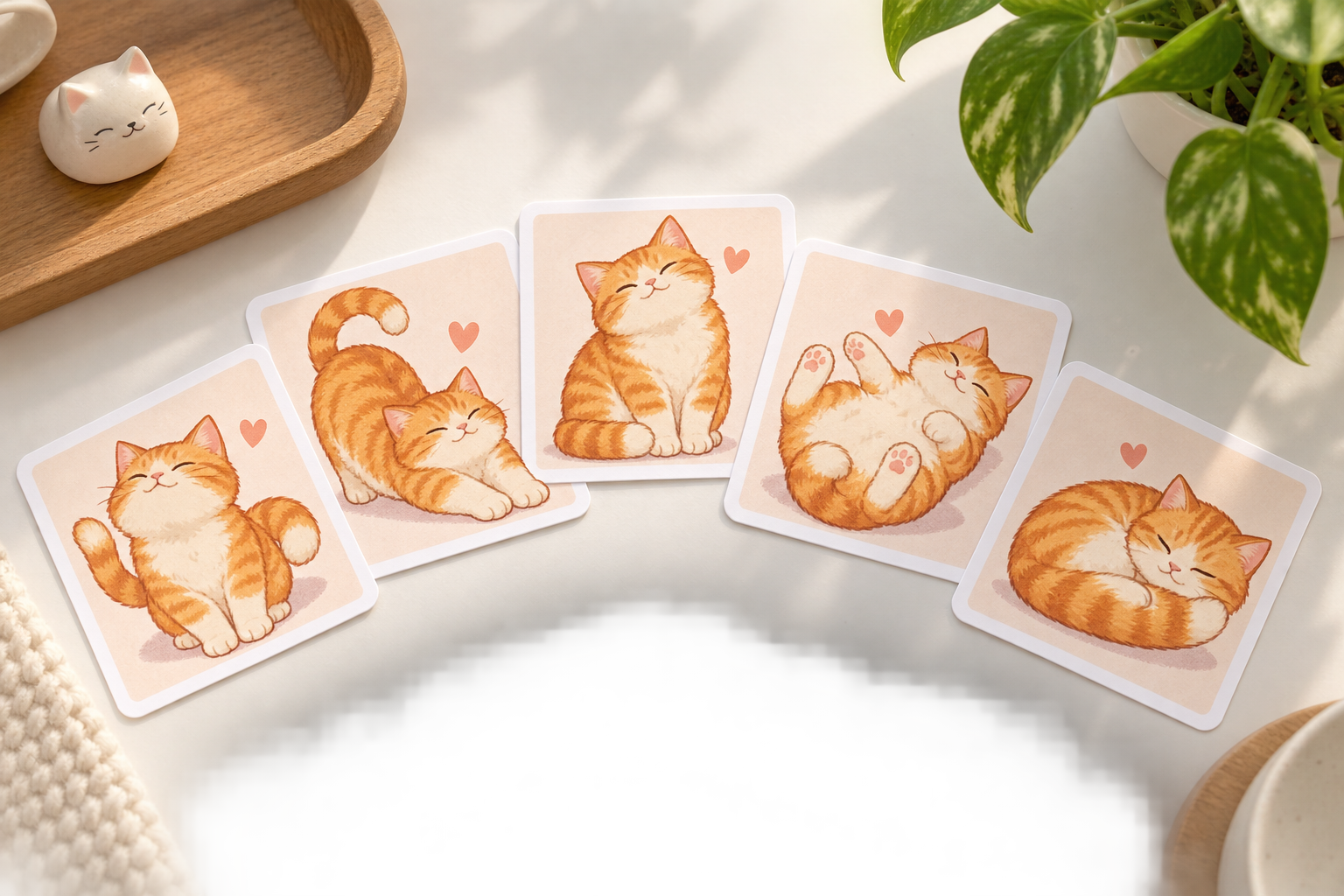 Finished cat emoji stickers fanned out on a bright desk ready to download