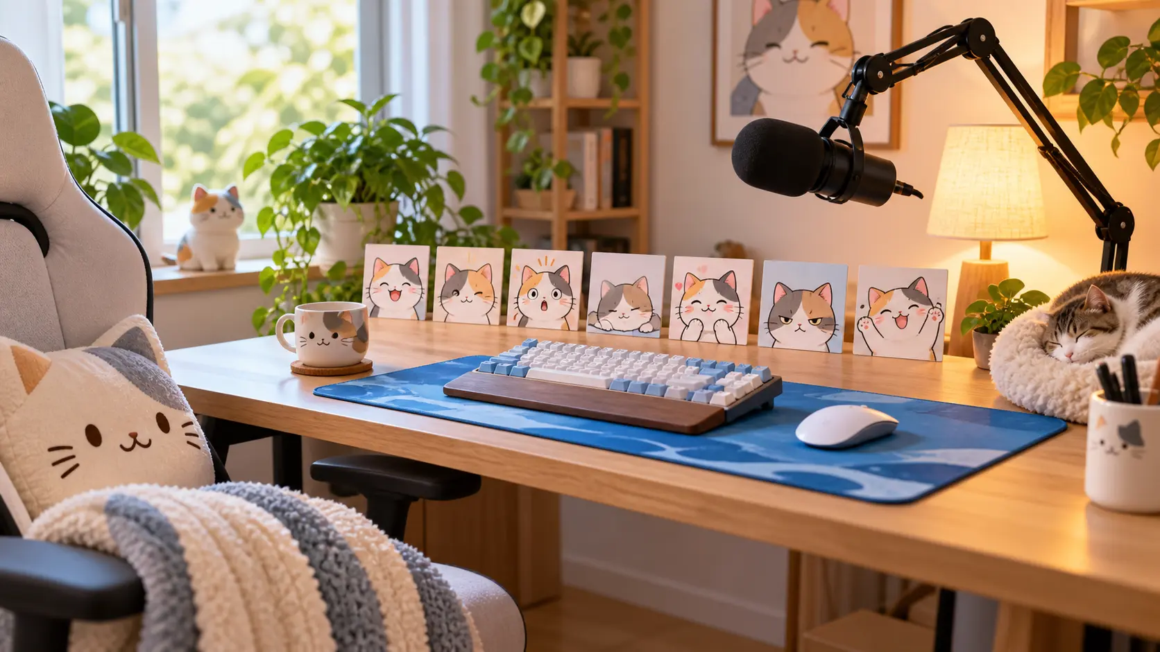 Streaming desk with a set of custom cat emotes lined up for a channel
