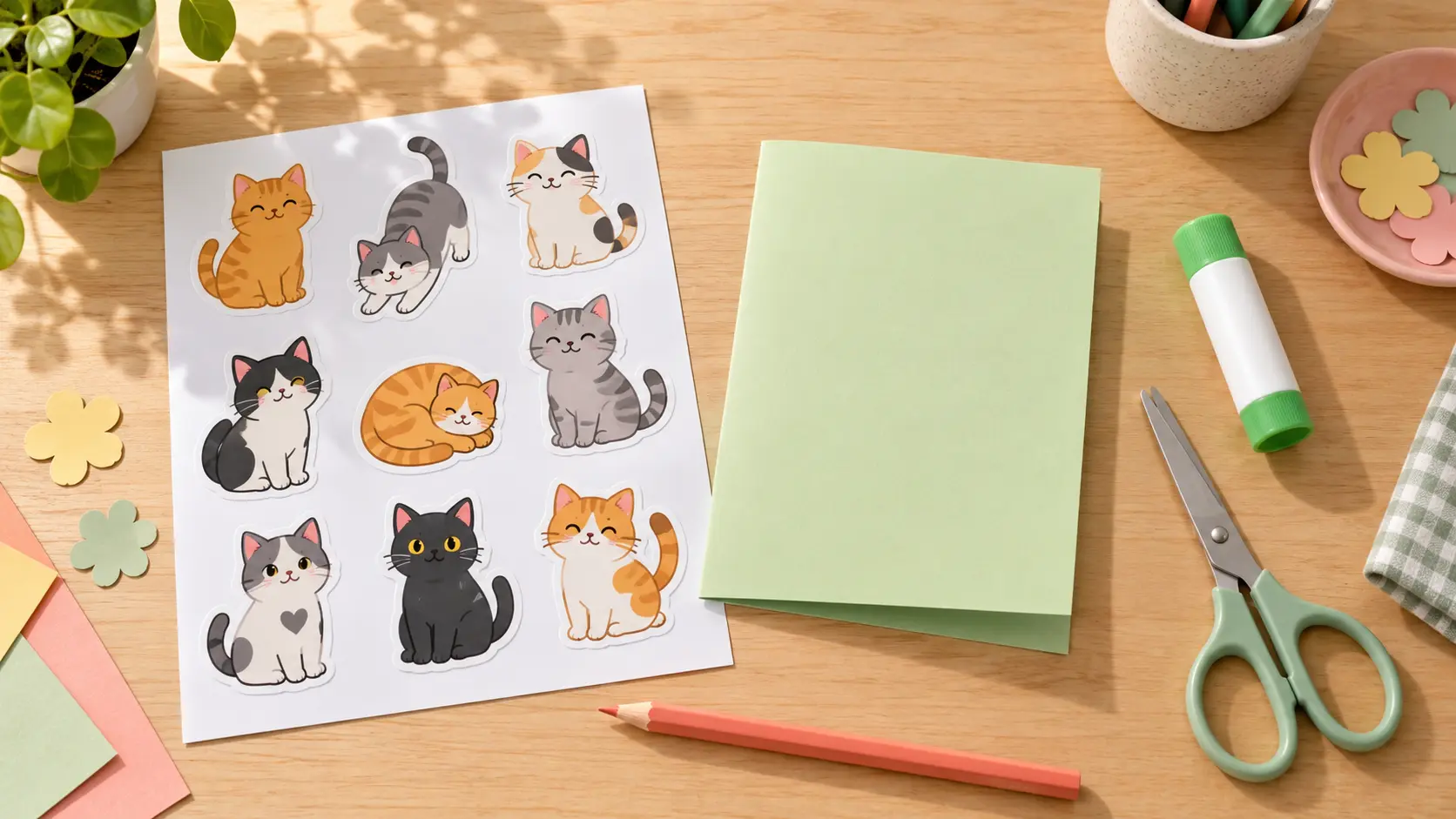Printed cat emoji stickers with craft supplies on a bright table
