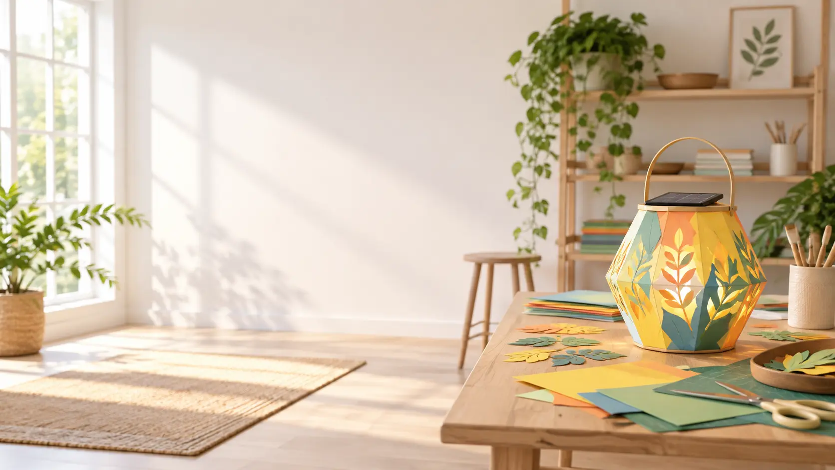 Airy explainer video studio with a colorful paper model and open space for a closing message