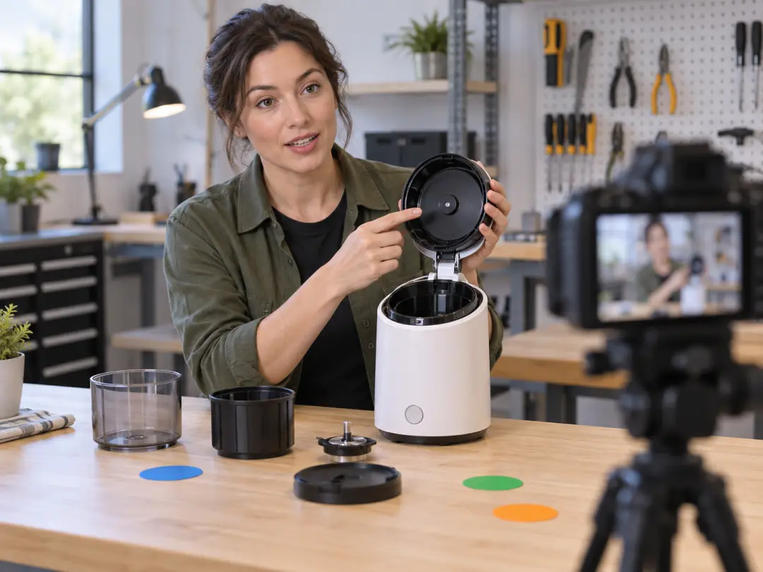 Product manager directing an app explainer video with interface references and scene actions
