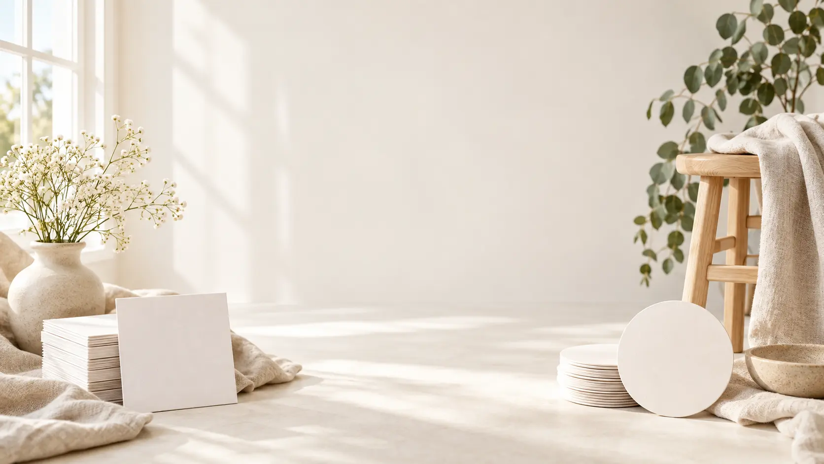 Bright portrait studio with blank profile cards and calm open space for a profile picture call to action