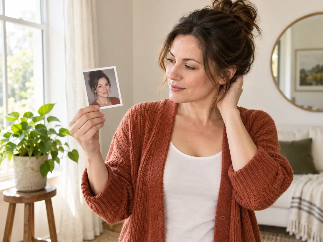 Everyday Facebook user reviewing a refreshed portrait in a bright home studio