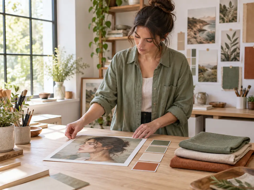 Creator arranging a branded portrait reference beside color swatches in a bright studio