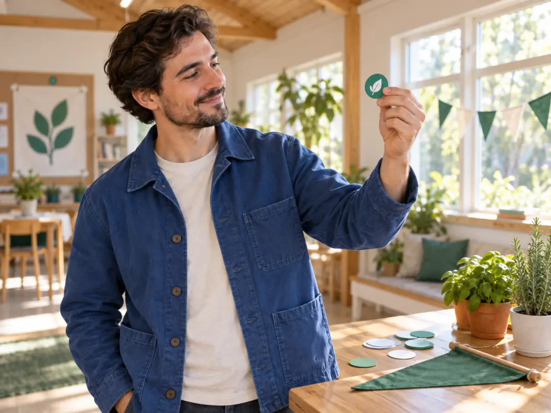 Community organizer reviewing a simple emblem for a small circular profile display