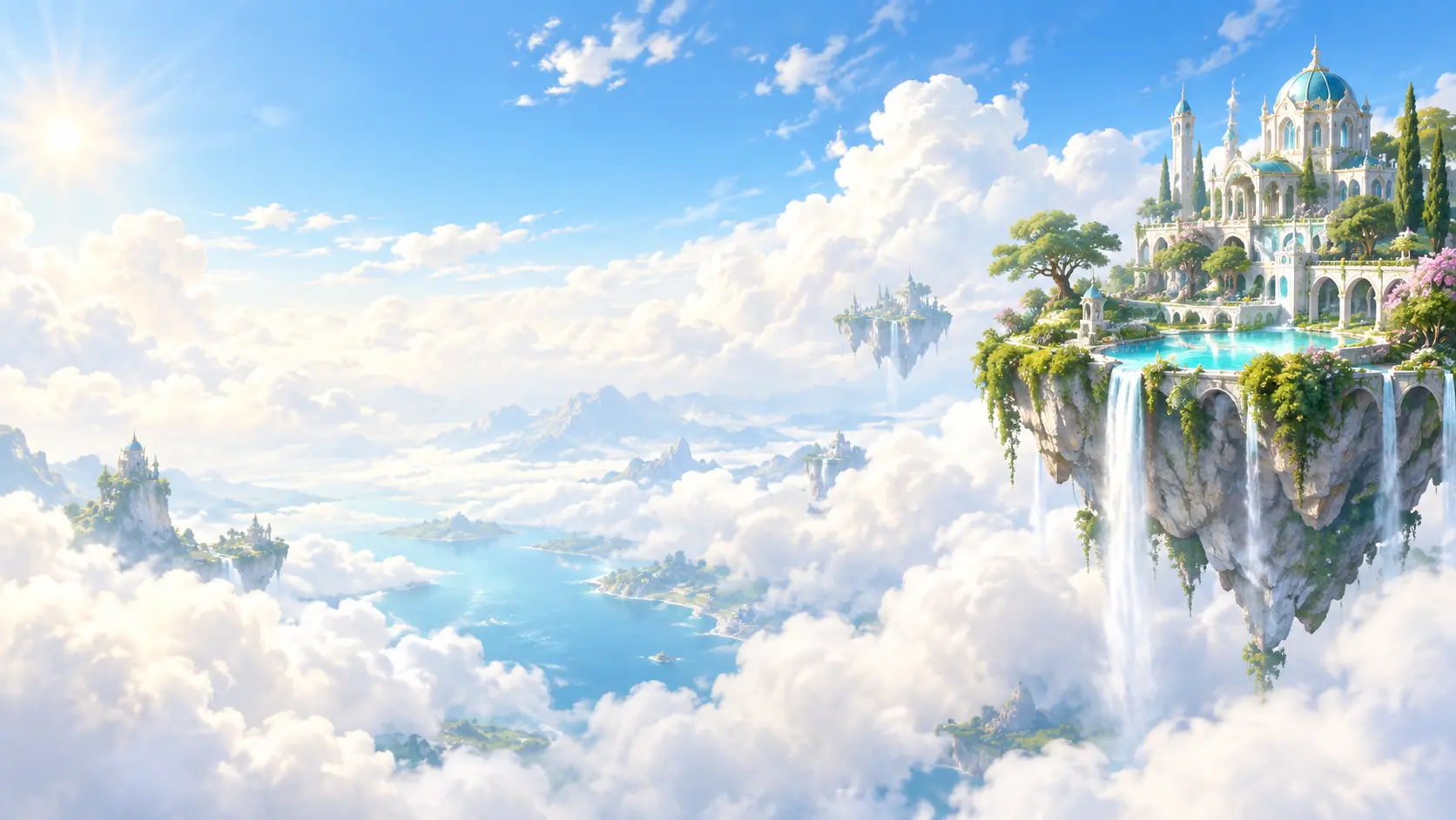 Fantasy art landscape with a sunlit floating island and open sky