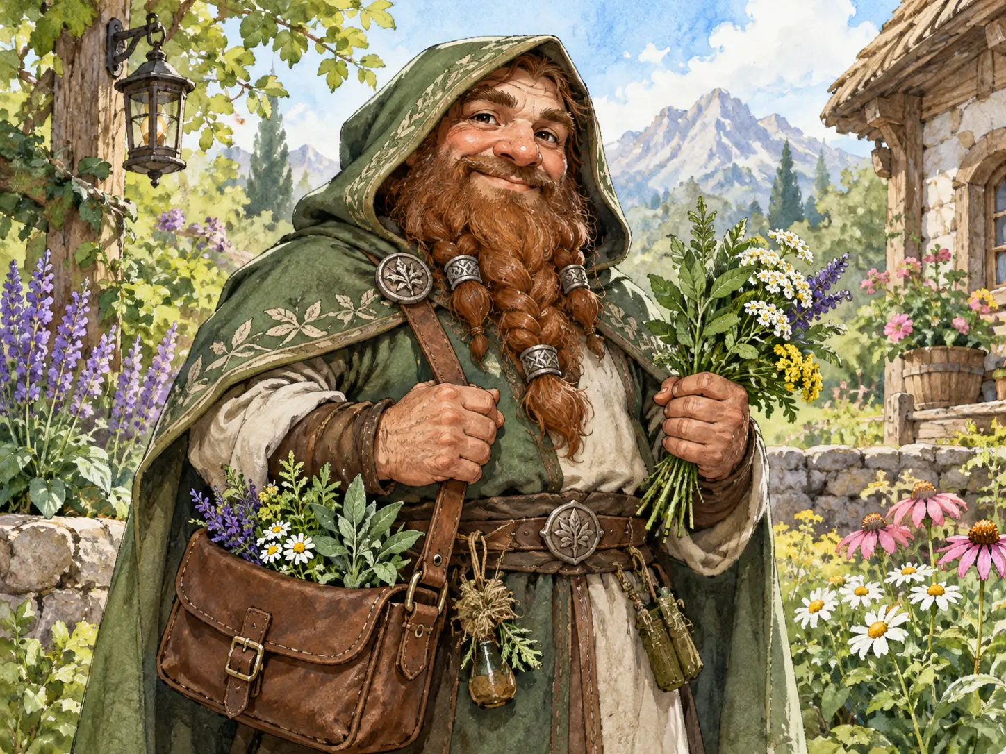 Fantasy art generator character portrait of a dwarf herbalist with readable clothing and satchel