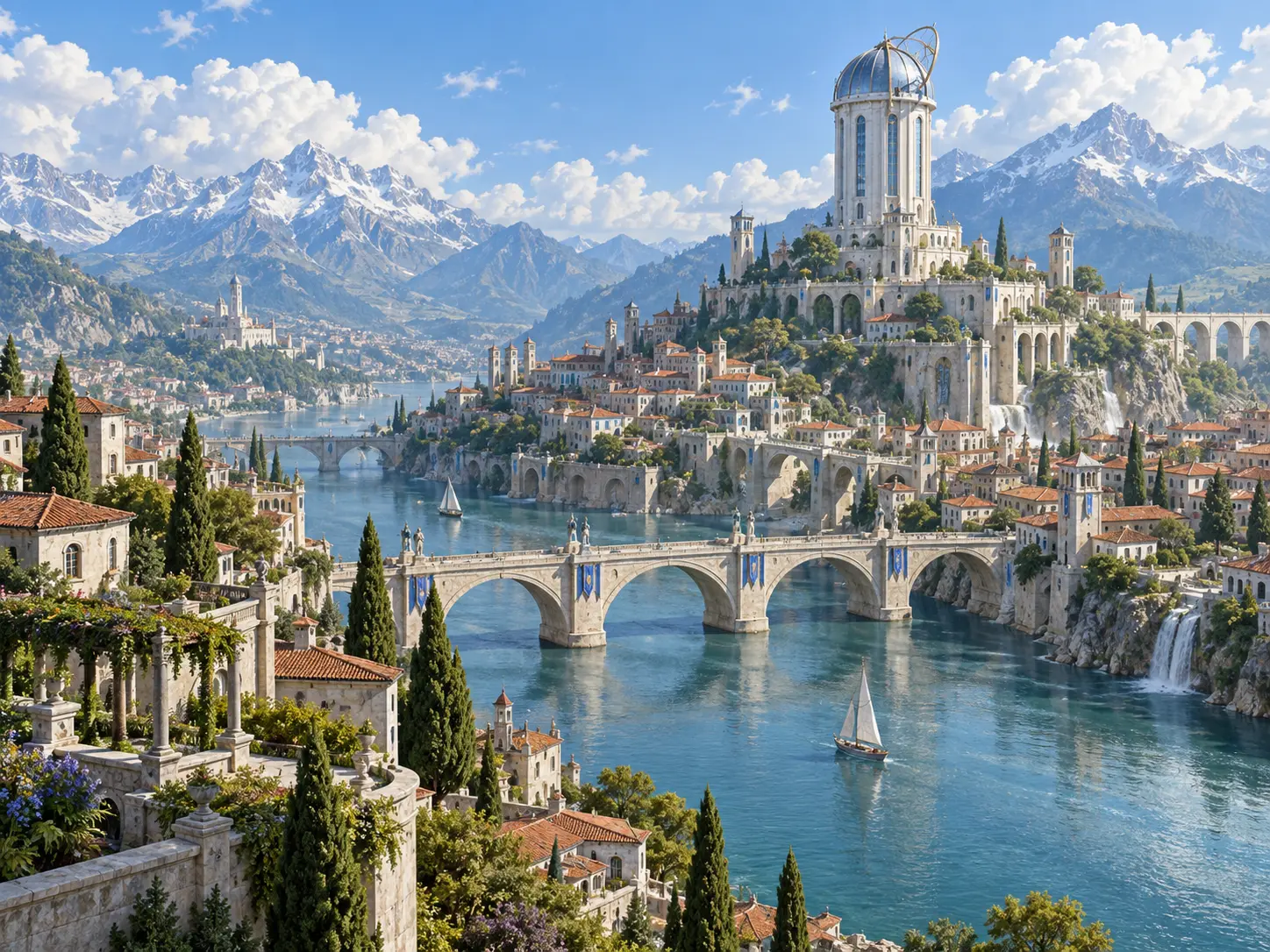AI fantasy image generator concept of a sunlit river city centered on an observatory tower