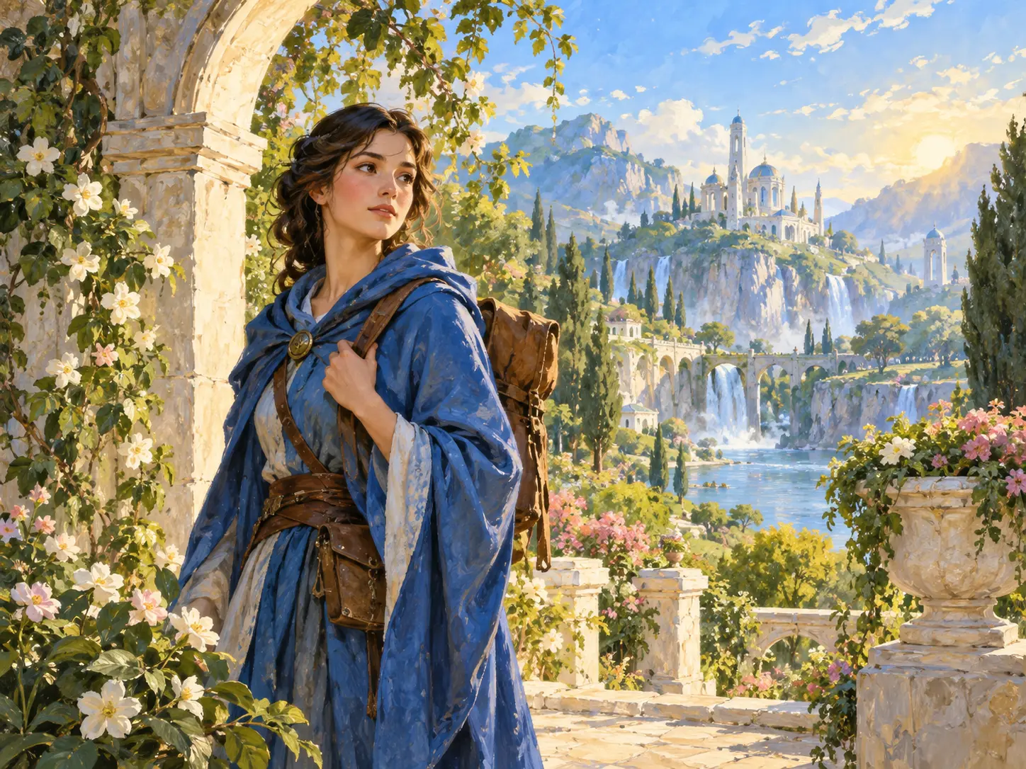 AI fantasy art study of a blue-robed traveler under warm morning light