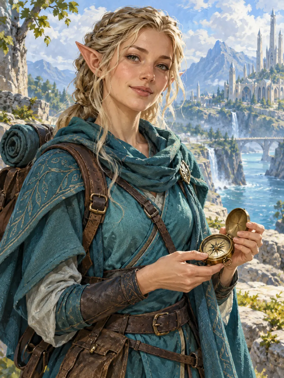 ai fantasy art generator illustration of an elven cartographer holding a brass compass