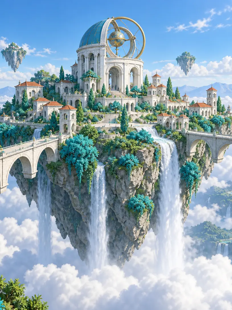 Fantasy image generator concept of a floating island city with bridges and waterfalls