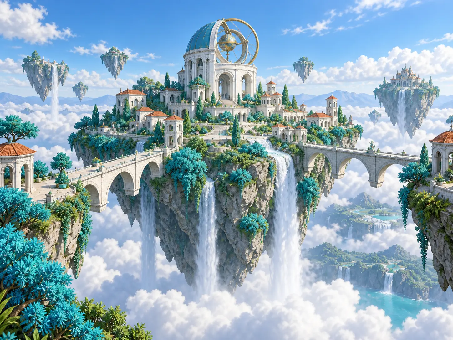 Fantasy image generator concept of a floating island city with bridges and waterfalls
