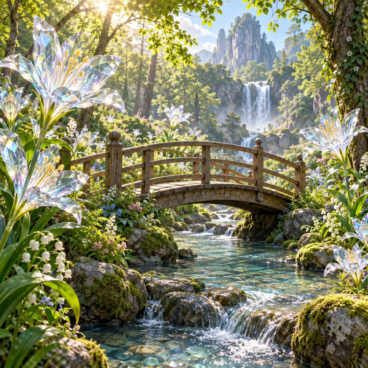 AI fantasy art of crystalline flowers around a wooden footbridge in a luminous forest