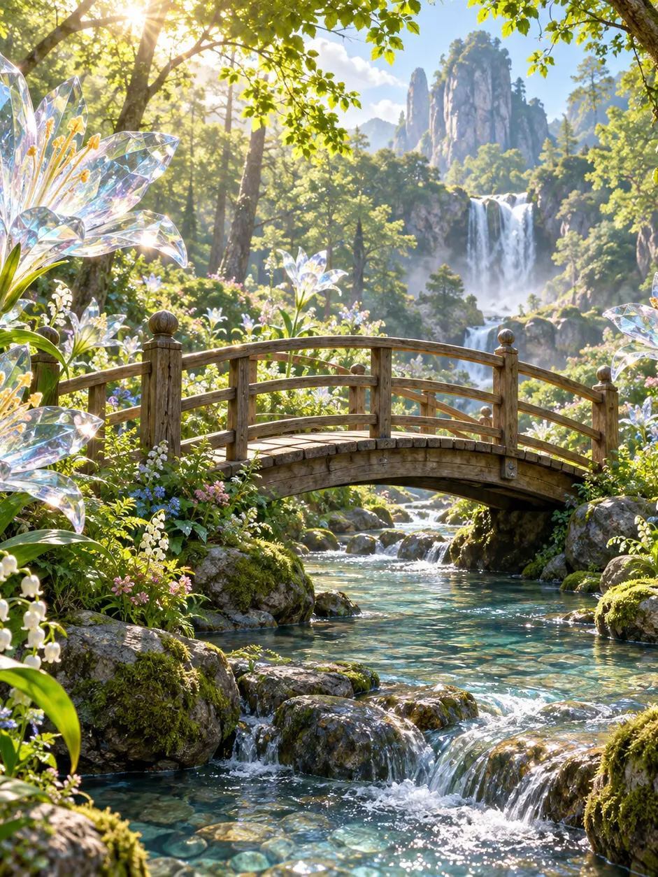 AI fantasy art of crystalline flowers around a wooden footbridge in a luminous forest
