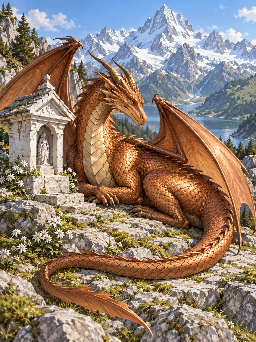 AI generated fantasy art of a copper dragon resting beside an alpine shrine