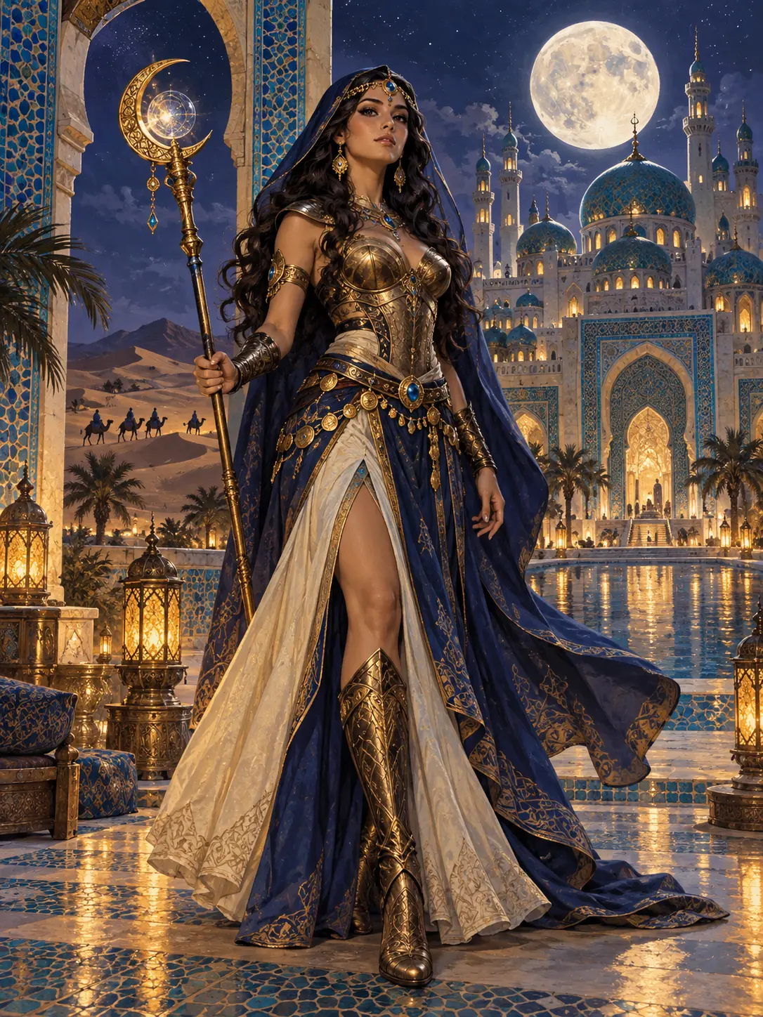 AI fantasy art generator illustration of an armored desert sorceress outside a moonlit palace