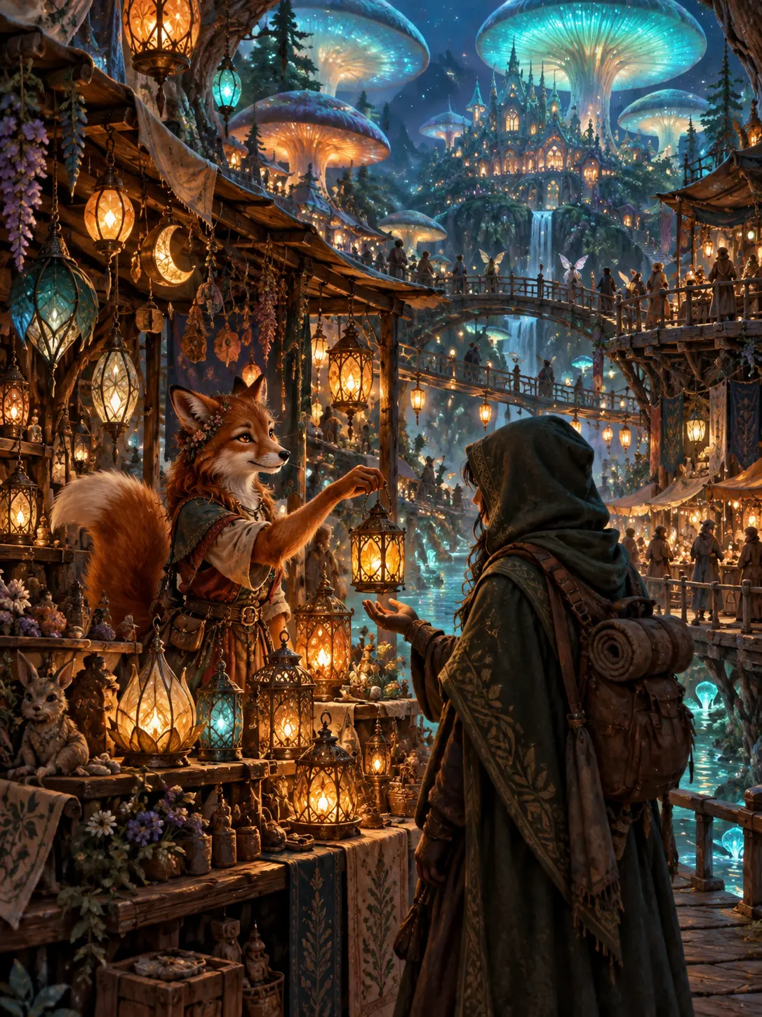 Fantasy image generator scene of a fae market beneath glowing mushrooms and lanterns