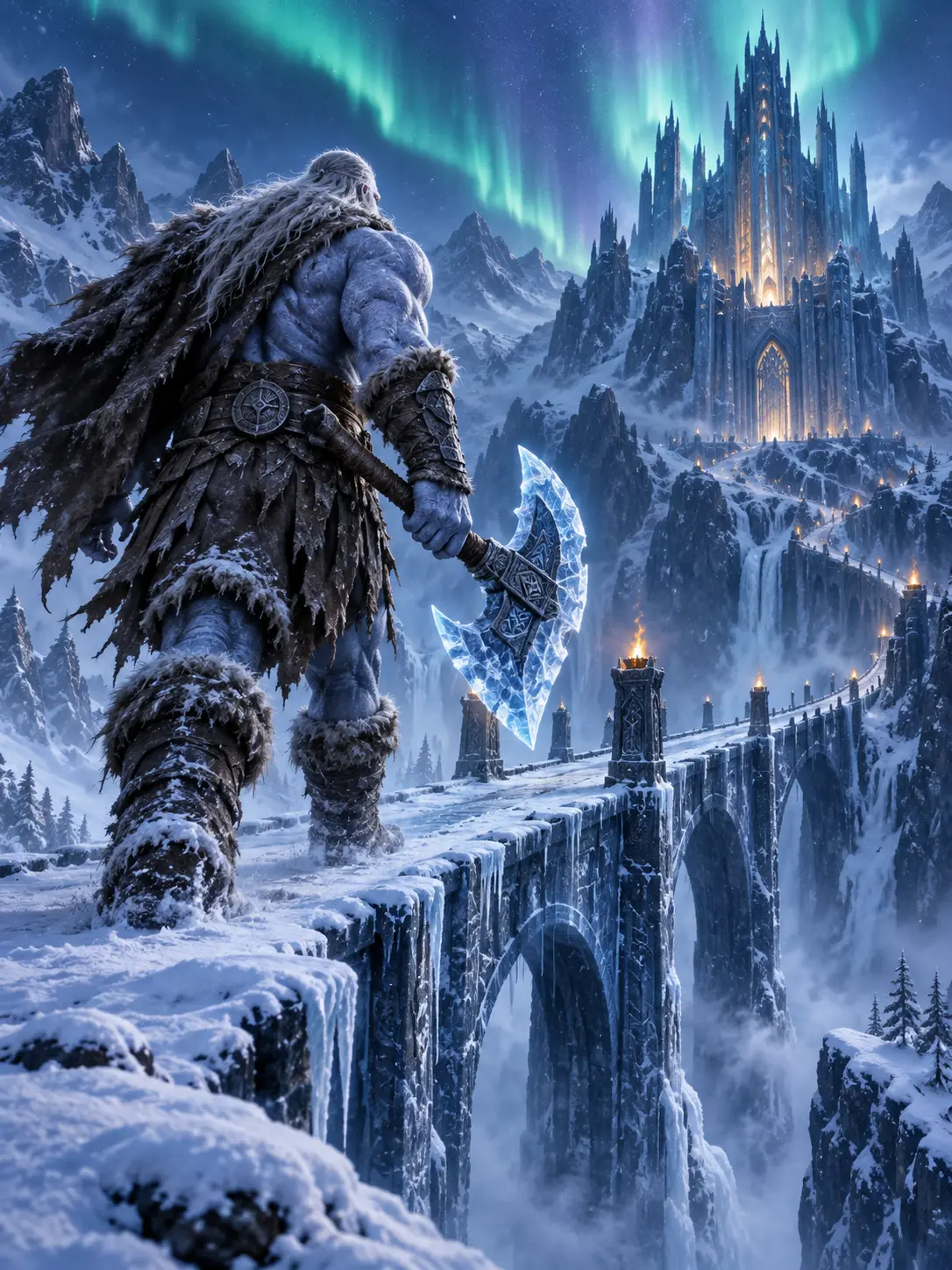 AI generated fantasy art of a frost giant crossing an ice bridge toward an aurora-lit fortress